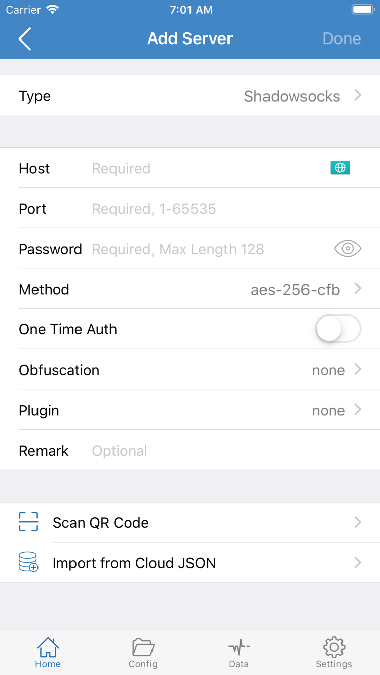 Shadowrocket Add Server 官方截圖，顯示 Type、Host、Port、Password、Method 及匯入入口