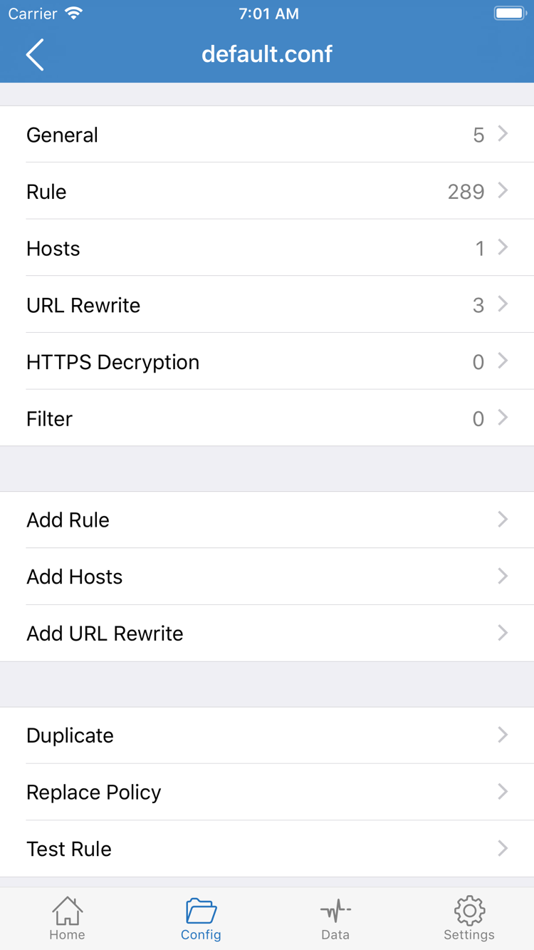 Shadowrocket Config 官方截圖，顯示 General、Rule、Hosts、URL Rewrite、HTTPS Decryption 及 Add Rule