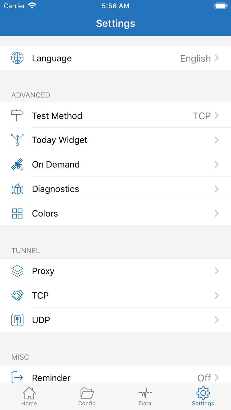 Shadowrocket Settings 官方截圖，顯示 Language、Test Method、Today Widget、On Demand、Diagnostics、Proxy、TCP 及 UDP